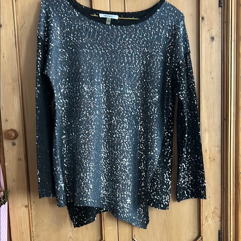DKNYC Sparkling Black Sequin Long Sleeve Top